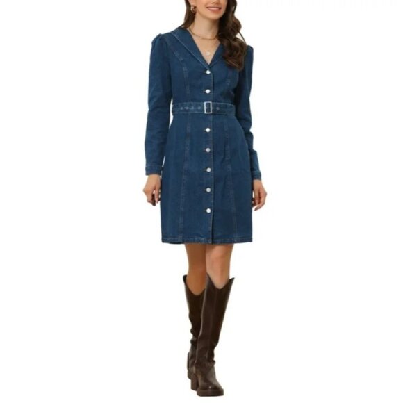 NWT Blue Denim Button-Up Dress With Belted Waist By Allega K - Size M - Picture 3 of 15